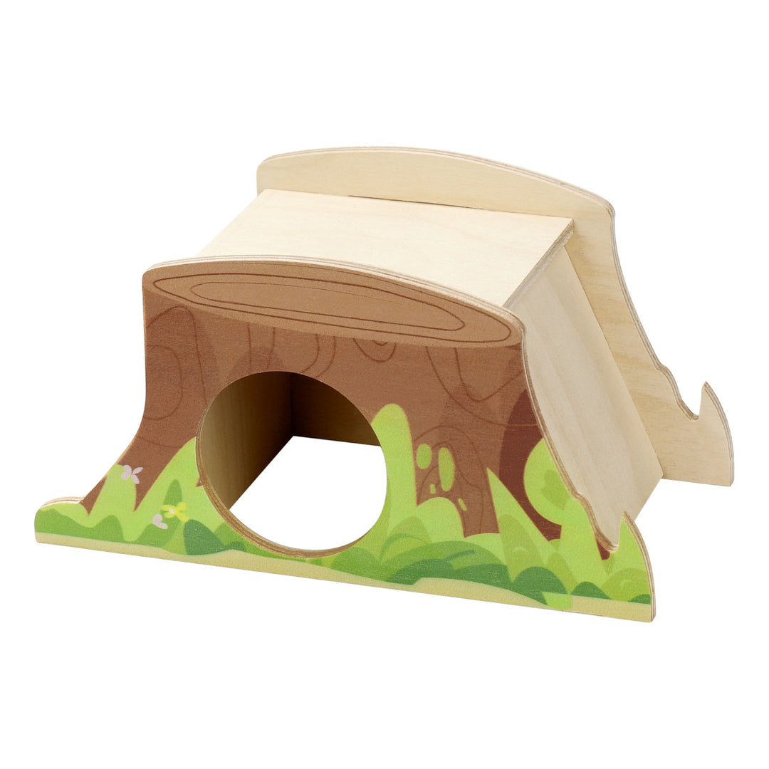 Mini and Moe Tree Stump Hide, designed to resemble a natural tree stump, providing a cozy and secure hideout for small pets.