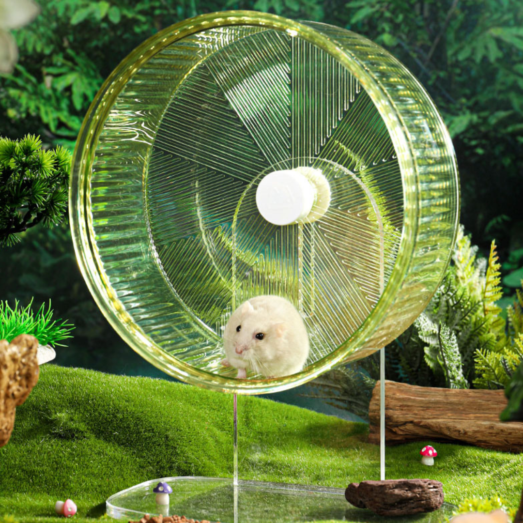 Hamster running on the Mini&Moe Silent Crystal Running Wheel in a habitat setup